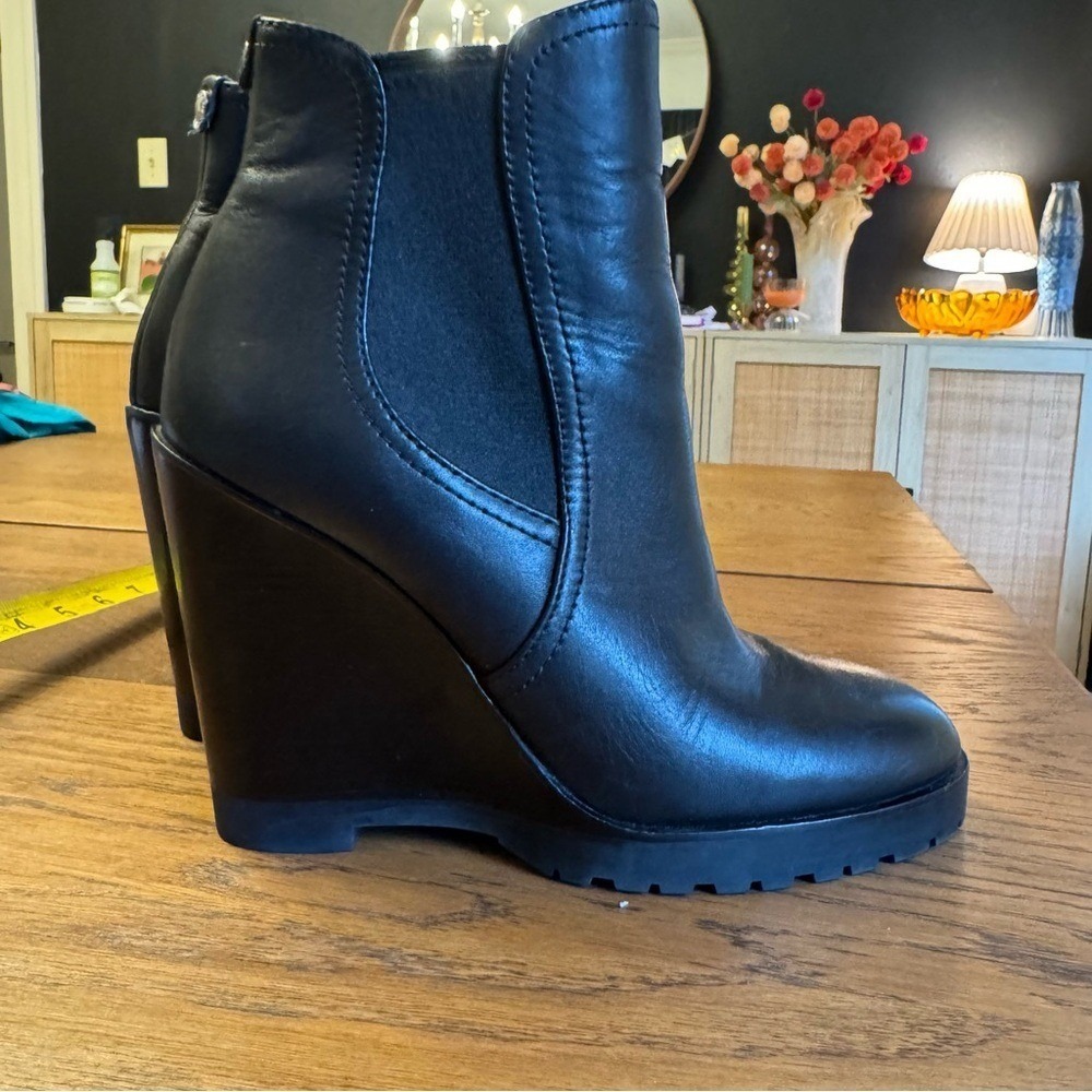 Michael Kors Black Wedge Boots heeled booties Women's 6.5 6 1/2 leather 4in heel